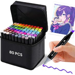 Art Marker Brush Pens Set - 80 Colors Fine & Brush Dual Tip Water-Based Markers for Adult Coloring Books No Bleeding Drawing Pens for Calligraphy, Journaling, Sketching, Lettering, Kids Artists Gifts in Kuwait