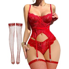 Sexy Lingerie Set 4pcs Teddy Bodysuit With Bra And Panties & Thigh Highs, Spliced With Decorative Ribbon S-2XL in Kuwait