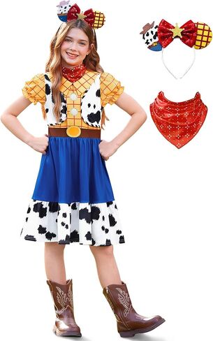 Halloween Girls 2Pcs Cowgirl Dress with Mouse Ear Headbands Cow Print Skirt 2-12 Years in Kuwait