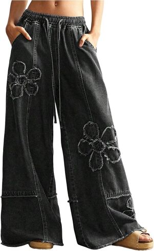 Women's Y2K Floral Baggy Jeans Boho Wide Leg Jeans Low Rise Denim Pants Drawstring Elastic Waist Pant with Pockets in Saudi Arabia