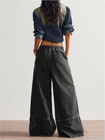 Women's Y2K Floral Baggy Jeans Boho Wide Leg Jeans Low Rise Denim Pants Drawstring Elastic Waist Pant with Pockets in Saudi Arabia