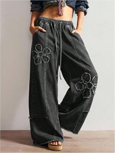 Women's Y2K Floral Baggy Jeans Boho Wide Leg Jeans Low Rise Denim Pants Drawstring Elastic Waist Pant with Pockets in Saudi Arabia