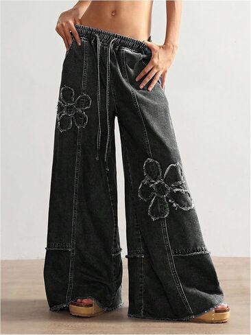 Women's Y2K Floral Baggy Jeans Boho Wide Leg Jeans Low Rise Denim Pants Drawstring Elastic Waist Pant with Pockets in Saudi Arabia