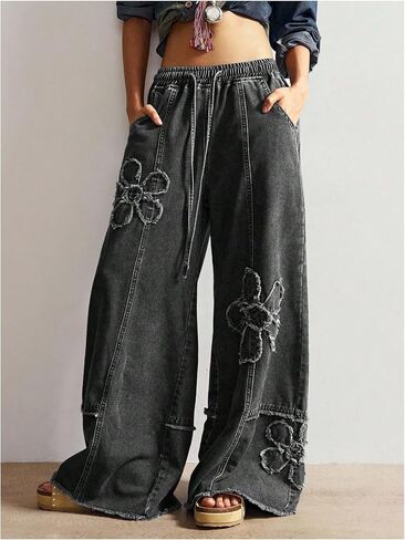 Women's Y2K Floral Baggy Jeans Boho Wide Leg Jeans Low Rise Denim Pants Drawstring Elastic Waist Pant with Pockets in Saudi Arabia