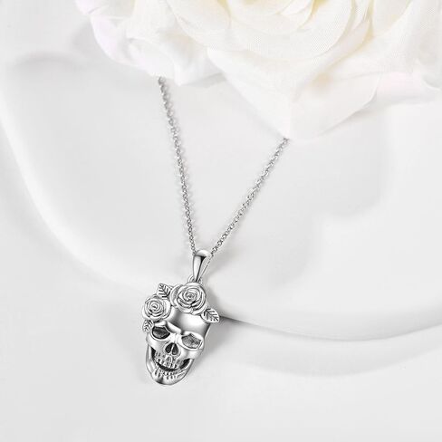 Gothic Necklace 925 Sterling Silver Skeleton Hand Black Rose Pendant Necklace Gothic Skull Rose Jewelry for Women in Kuwait