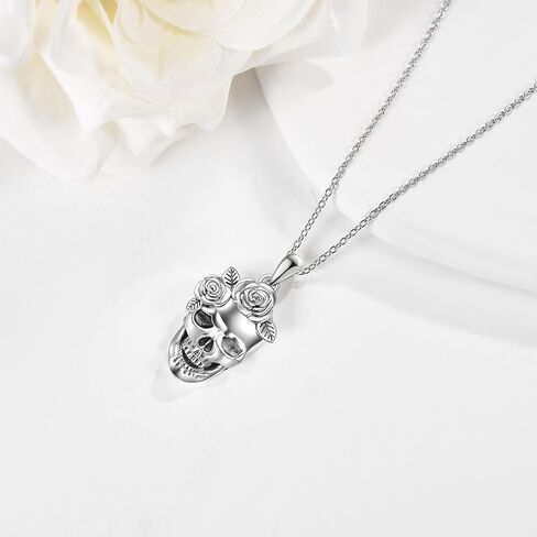 Gothic Necklace 925 Sterling Silver Skeleton Hand Black Rose Pendant Necklace Gothic Skull Rose Jewelry for Women in Kuwait