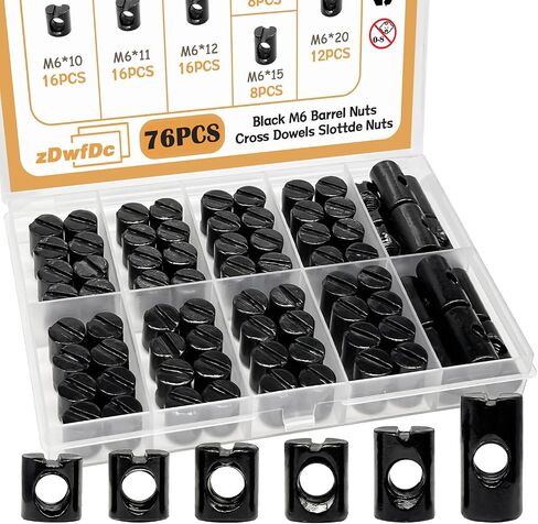76PCS Black Metric M6 Barrel Nuts M6 x 10mm/11mm/12mm/13mm/15mm/20mm Cross Dowels Slotted Nut Kit DD027-b in Saudi Arabia