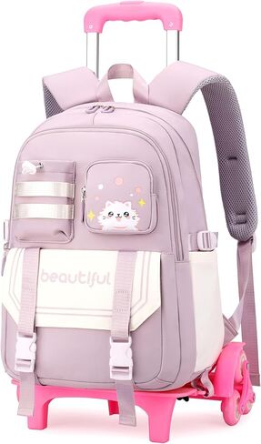 Cat Print Rolling Backpack for Girls Kids Backpack with Wheels Roller Bookbag Trolley School Bag Wheeled Bag Pink in Kuwait