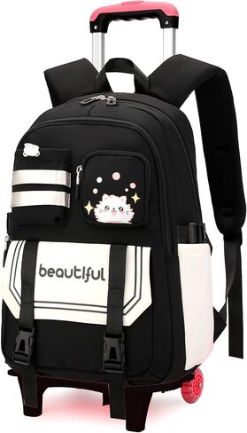 Cat Print Rolling Backpack for Girls Kids Backpack with Wheels Roller Bookbag Trolley School Bag Wheeled Bag Pink in Kuwait