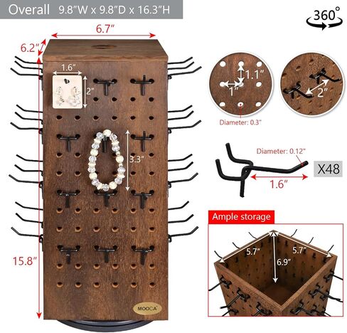 MOOCA 3 Tier Wooden Bracelet Holder, Jewelry Display Stand, Rotating Bracelet Display, With 42 Hooks, Brown Color, 7.9" W X 7.9" D X 14.8" H in Saudi Arabia