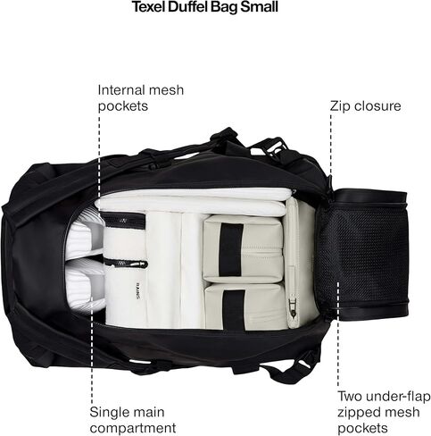 حقيبة RAINS Texel Duffel صغيرة - حقيبة دفل خضراء مقاومة للماء مع سحاب إغلاق على شكل حرف U، وجيوب شبكية، وأشرطة ضغط، ومقابض حمل مبطنة - ضمان لمدة عامين in Saudi Arabia