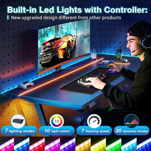 MOTPK 32 بوصة مكتب ألعاب صغير مع مصابيح LED ومنفذ الطاقة ، مكتب الكمبيوتر لمساحة صغيرة ، طاولة ألعاب مع نسيج ألياف الكربون ، هدية مكتب الأطفال للبنين ، الأسود in Kuwait