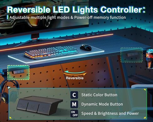 MOTPK 32 بوصة مكتب ألعاب صغير مع مصابيح LED ومنفذ الطاقة ، مكتب الكمبيوتر لمساحة صغيرة ، طاولة ألعاب مع نسيج ألياف الكربون ، هدية مكتب الأطفال للبنين ، الأسود in Kuwait