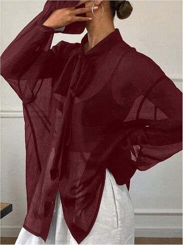 GORGLITTER Women's Chiffon Long Sleeve Blouses Dressy Casual See Through Button Down Bow Tie Neck Shirt Tops Trendy 2025 in Kuwait