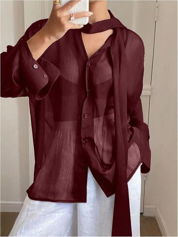 GORGLITTER Women's Chiffon Long Sleeve Blouses Dressy Casual See Through Button Down Bow Tie Neck Shirt Tops Trendy 2025 in Kuwait