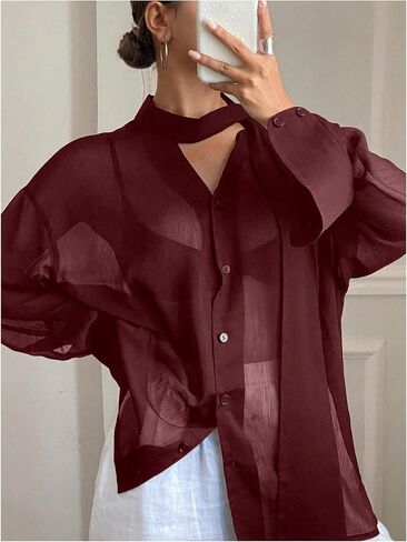 GORGLITTER Women's Chiffon Long Sleeve Blouses Dressy Casual See Through Button Down Bow Tie Neck Shirt Tops Trendy 2025 in Kuwait