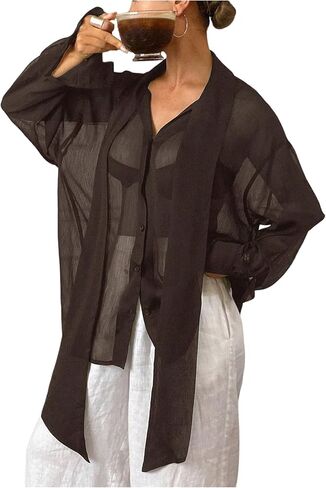 GORGLITTER Women's Chiffon Long Sleeve Blouses Dressy Casual See Through Button Down Bow Tie Neck Shirt Tops Trendy 2025 in Kuwait