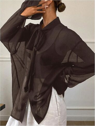 GORGLITTER Women's Chiffon Long Sleeve Blouses Dressy Casual See Through Button Down Bow Tie Neck Shirt Tops Trendy 2025 in Kuwait