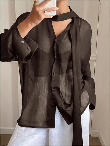 GORGLITTER Women's Chiffon Long Sleeve Blouses Dressy Casual See Through Button Down Bow Tie Neck Shirt Tops Trendy 2025 in Kuwait