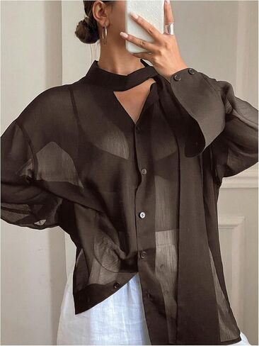 GORGLITTER Women's Chiffon Long Sleeve Blouses Dressy Casual See Through Button Down Bow Tie Neck Shirt Tops Trendy 2025 in Kuwait