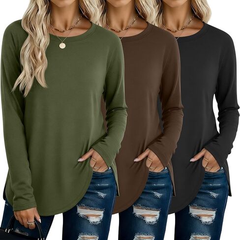 Riyiper 3 Pack Women's Long Sleeve Tunic Tops Side Split Crew Neck Curved Hem Shirts Loose Basic Tee Casual Sweatshirt in Saudi Arabia