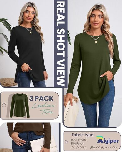 Riyiper 3 Pack Women's Long Sleeve Tunic Tops Side Split Crew Neck Curved Hem Shirts Loose Basic Tee Casual Sweatshirt in Saudi Arabia