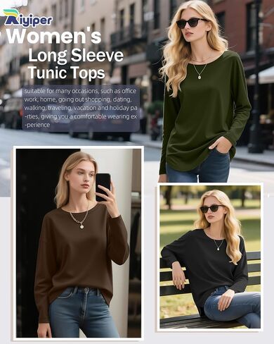 Riyiper 3 Pack Women's Long Sleeve Tunic Tops Side Split Crew Neck Curved Hem Shirts Loose Basic Tee Casual Sweatshirt in Saudi Arabia