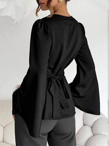 Women's Cowl Neck Satin Blouse Split Long Sleeve Peplum Tie Back Elegant Tops in Saudi Arabia