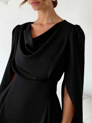 Women's Cowl Neck Satin Blouse Split Long Sleeve Peplum Tie Back Elegant Tops in Saudi Arabia