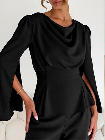 Women's Cowl Neck Satin Blouse Split Long Sleeve Peplum Tie Back Elegant Tops in Saudi Arabia