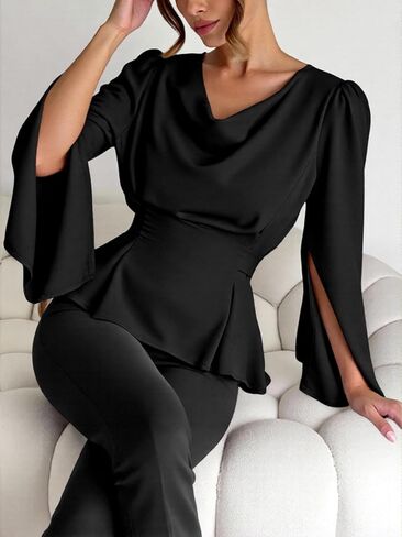 Women's Cowl Neck Satin Blouse Split Long Sleeve Peplum Tie Back Elegant Tops in Saudi Arabia