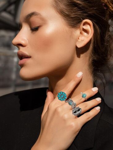HUASAI Turquoise Rings for Women Western Statement Jewelry Gold Knuckle Thumb Stackable Ring for Western Outfit Christmas Gifts in Saudi Arabia