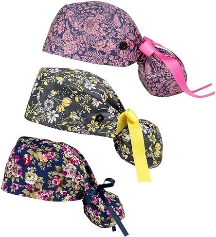 فرك الجراحة ذيل الحصان قبعات العمل الأزهار ، والمرأة التمريض القبعات مع الأزرار قابلة للتعديل in Kuwait