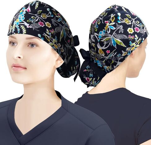 فرك الجراحة ذيل الحصان قبعات العمل الأزهار ، والمرأة التمريض القبعات مع الأزرار قابلة للتعديل in Kuwait