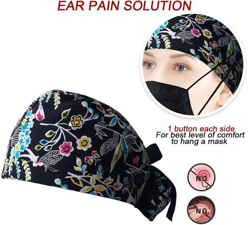 فرك الجراحة ذيل الحصان قبعات العمل الأزهار ، والمرأة التمريض القبعات مع الأزرار قابلة للتعديل in Kuwait