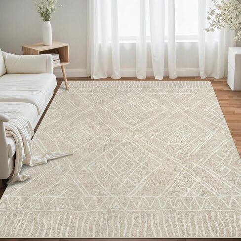 8x10 Area Rug for Living Room : Washable Rug Modern Geometric Soft Low Pile Non-Slip Stain-Resistant Carpet for Bedroom Dining Room Home Office - Beige in Saudi Arabia