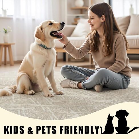 8x10 Area Rug for Living Room : Washable Rug Modern Geometric Soft Low Pile Non-Slip Stain-Resistant Carpet for Bedroom Dining Room Home Office - Beige in Saudi Arabia