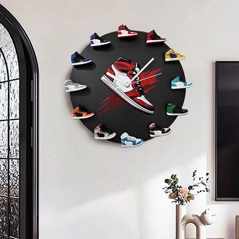 3D Wall Clock with 12 Mini Shoe Models, Decorative Sneaker Clock Basketball Shoe Clocks Gift for Boys & Girls Friends (Black-12) in Saudi Arabia