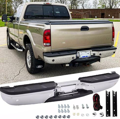 Rear Steel Step Bumper Assembly for 2017-2022 Ford F250 F350 F450 Super Duty without Park Sensor Holes Chrome Back Bumper Replacement for FO1103197,with Pads Brackets and License Plate Lights in Saudi Arabia