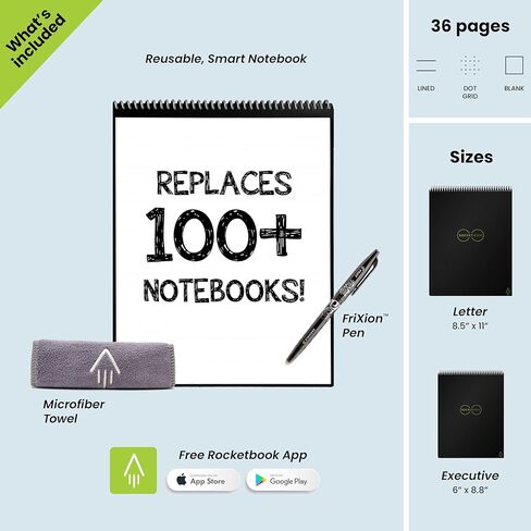 Rocketbook Flip Reusable Smart Notepad, Top Bound Notebook Executive Size 6x8.8, Black - Lined and Dotted Pages, App-Connected, Erasable, Ideal for Righties and Lefties in Kuwait