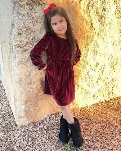 Stelle Girls Long Sleeve Velvet Dress Ruffled Crew Neck Midi A-Line Dresses Vintage Formal Party Winter Outfits in Saudi Arabia