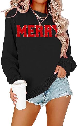 YALUCOR Women Christmas Sweatshirt Merry Christmas Pullover Tops Glitter Chenille Patch Merry Tshirt Xmas Gift Tops Tee in Saudi Arabia