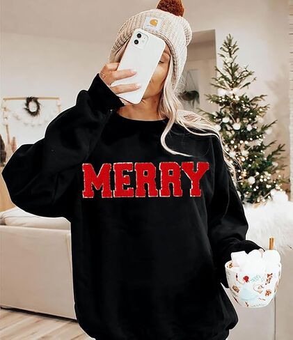 YALUCOR Women Christmas Sweatshirt Merry Christmas Pullover Tops Glitter Chenille Patch Merry Tshirt Xmas Gift Tops Tee in Saudi Arabia