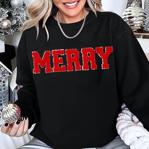 YALUCOR Women Christmas Sweatshirt Merry Christmas Pullover Tops Glitter Chenille Patch Merry Tshirt Xmas Gift Tops Tee in Saudi Arabia