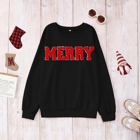 YALUCOR Women Christmas Sweatshirt Merry Christmas Pullover Tops Glitter Chenille Patch Merry Tshirt Xmas Gift Tops Tee in Saudi Arabia