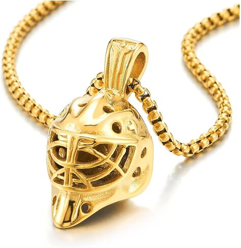 COOLSTEELANDBEYOND Mens Hockey Mask Pendant Necklace, Stainless Steel, Goalie Mask Design, 24 inch Wheat Chain in Saudi Arabia