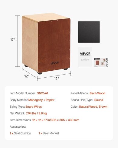 طبل مربع Vevor Cajon ، مع أسلاك الفخ الداخلية ، وصندوق الإيقاع الخشبي الخفيف وخفيف الوزن ، و Birch Wood Drum الموسيقية مع أقدام السيليكون ، للمبتدئين والمهنيين ، 10 × 10 × 15 في in Kuwait