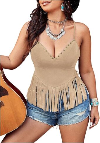SOLY HUX Women's Plus Size Fringe Studded Western Top Deep V Neck Sleeveless Cowgirl Camisole Tops in Kuwait