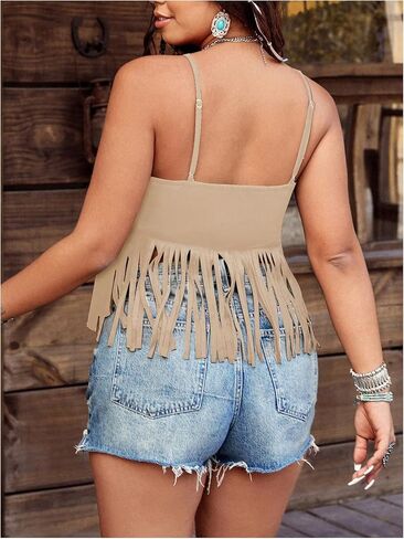 SOLY HUX Women's Plus Size Fringe Studded Western Top Deep V Neck Sleeveless Cowgirl Camisole Tops in Kuwait