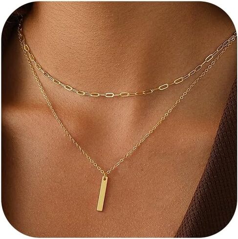Dainty Gold Layered Necklace for Women,14k Gold Plated Paperclip Link Chain Cross Bar Heart Tag Cubic Zirconia Pendant Necklace Set,Gold Jewelry Gift for Women in Saudi Arabia